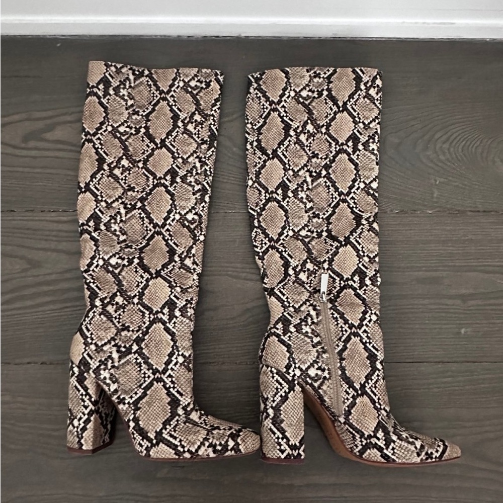 Zara Beige & Black Snake-Print Knee-High Block Heel Boots